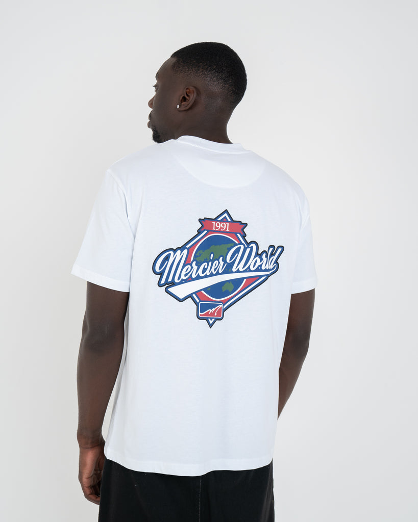 mercier world white tshirt printed badges